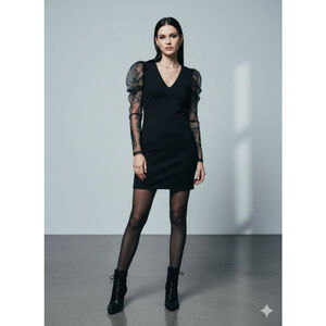 Daylight Black Little Dress Mini v neck mesh see through mesh long sleeves XS